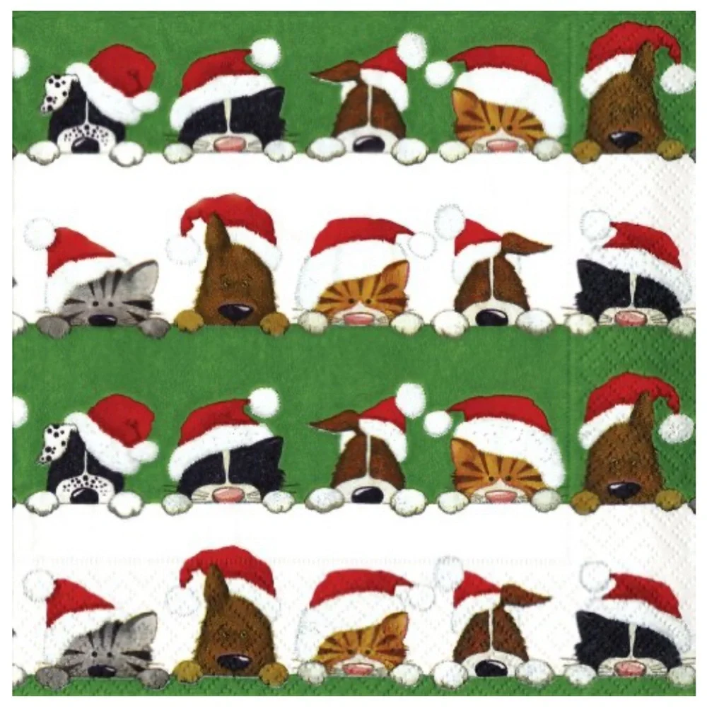 Caspari Two INDIVIDUAL Santa Hat Dog & Cat Peek A Boo Luncheon Napkins (11460L)